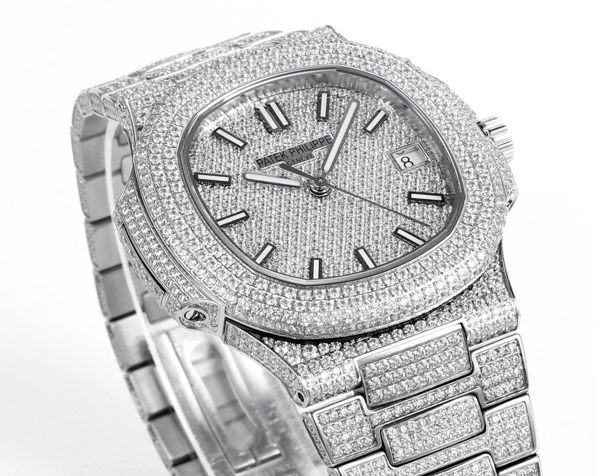 Patek Philippe Nautilus 40mm Full Diamond Automatic Watch | Cal.324 SC Movement Stainless Steel Bracelet