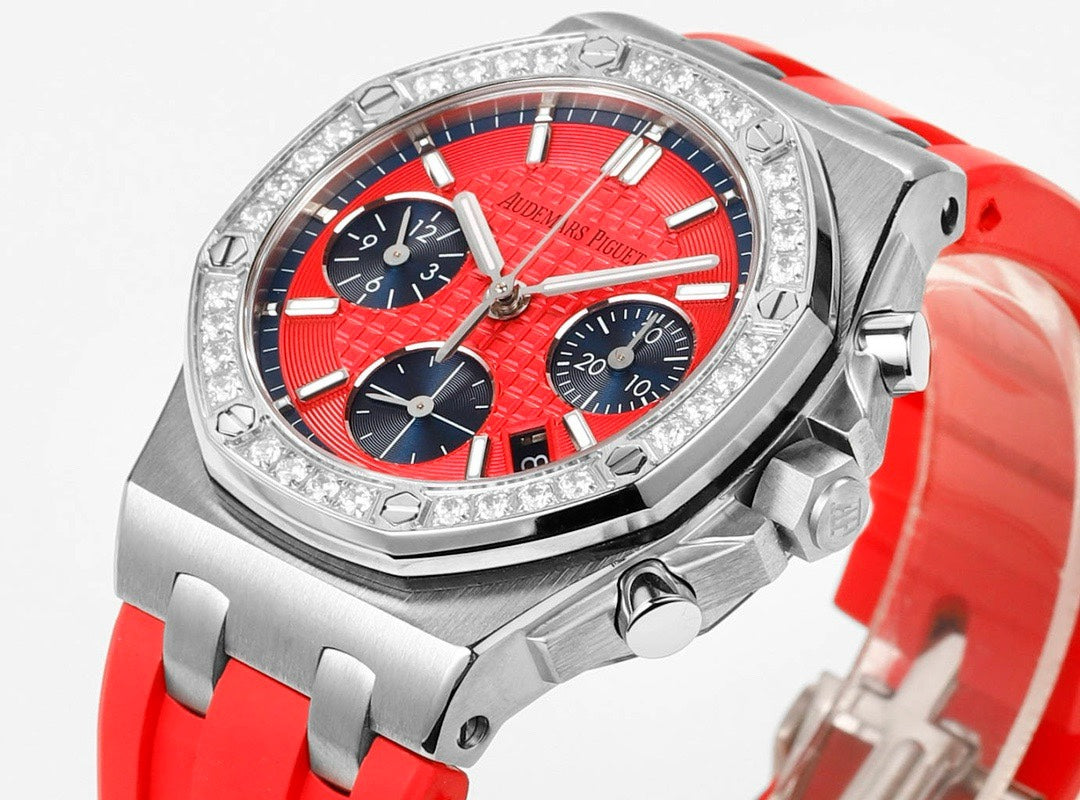 Audemars Piguet Royal Oak 37mm Ladies Automatic Chronograph Watch, Diamond Bezel Rubber Strap