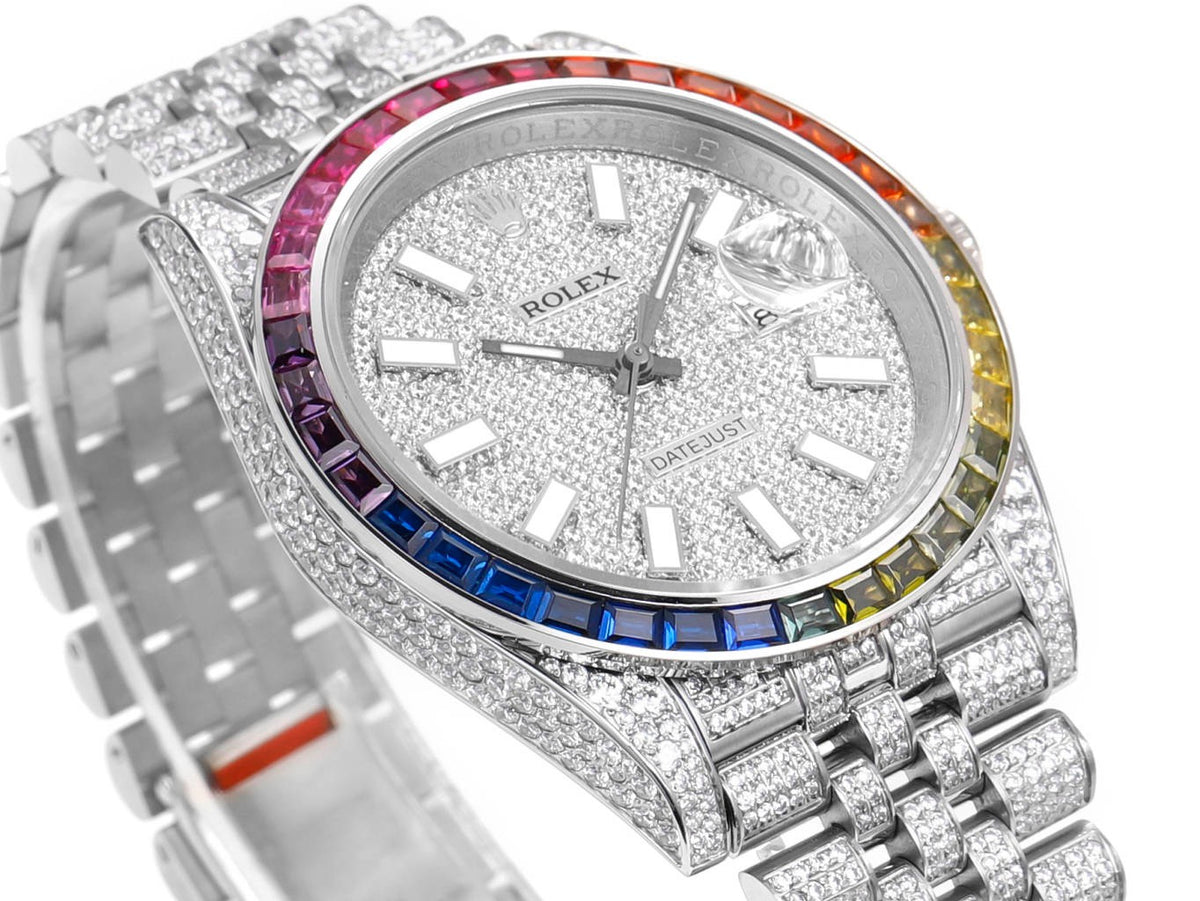 Rolex MS Factory Datejust 41mm Full‑Paved Diamond Watch 904L Steel 3235 Automatic Movement Rainbow Bezel