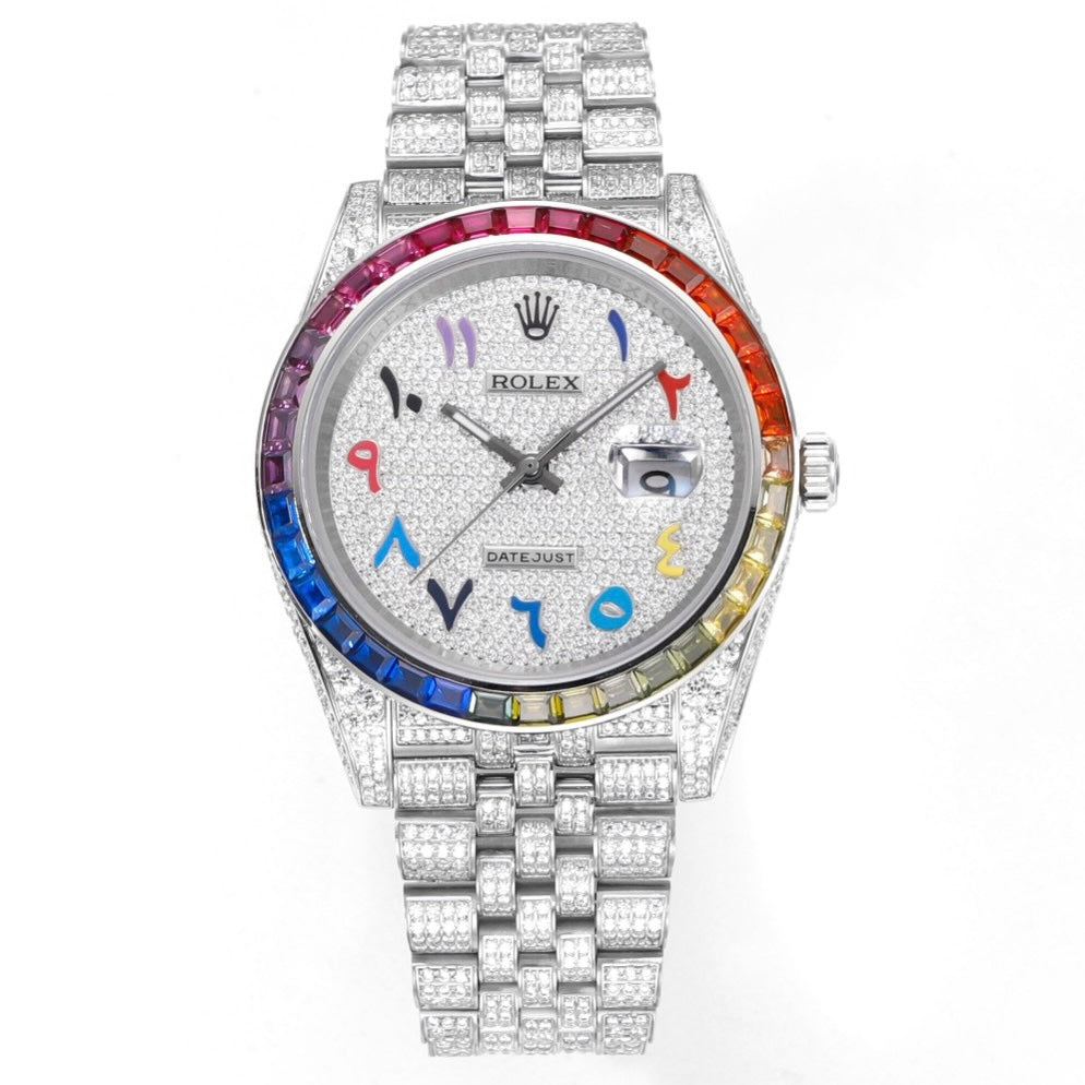 Rolex MS Factory Datejust 41mm Full‑Paved Diamond Watch 904L Steel 3235 Automatic Movement Rainbow Bezel