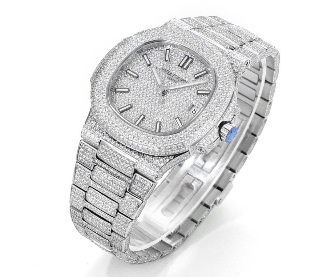 Patek Philippe Nautilus 40mm Full Diamond Automatic Watch | Cal.324 SC Movement Stainless Steel Bracelet