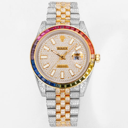 Rolex MS Factory Datejust 41mm Full‑Paved Diamond Watch 904L Steel 3235 Automatic Movement Rainbow Bezel