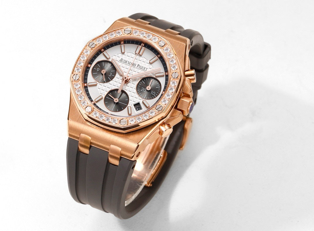 Audemars Piguet Royal Oak 37mm Ladies Automatic Chronograph Watch, Diamond Bezel Rubber Strap