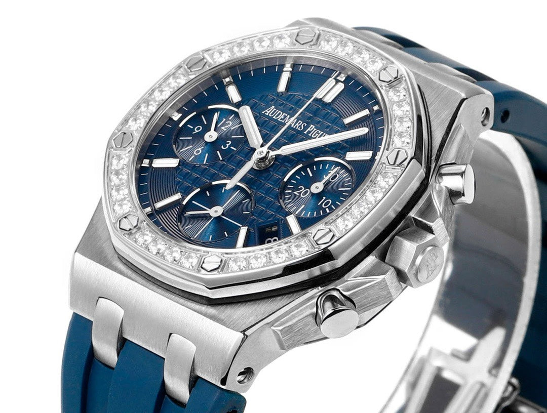 Audemars Piguet Royal Oak 37mm Ladies Automatic Chronograph Watch, Diamond Bezel Rubber Strap