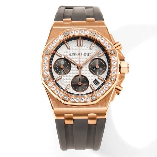 Audemars Piguet Royal Oak 37mm Ladies Automatic Chronograph Watch, Diamond Bezel Rubber Strap