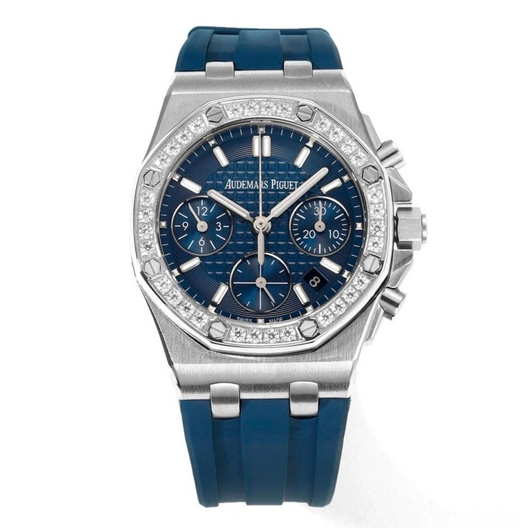 Audemars Piguet Royal Oak 37mm Ladies Automatic Chronograph Watch, Diamond Bezel Rubber Strap