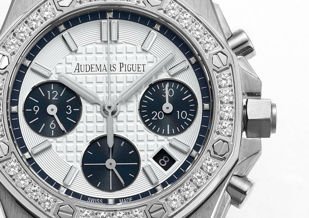 Audemars Piguet Royal Oak 37mm Ladies Automatic Chronograph Watch, Diamond Bezel Rubber Strap