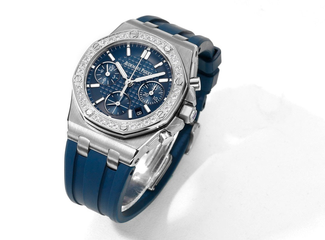 Audemars Piguet Royal Oak 37mm Ladies Automatic Chronograph Watch, Diamond Bezel Rubber Strap