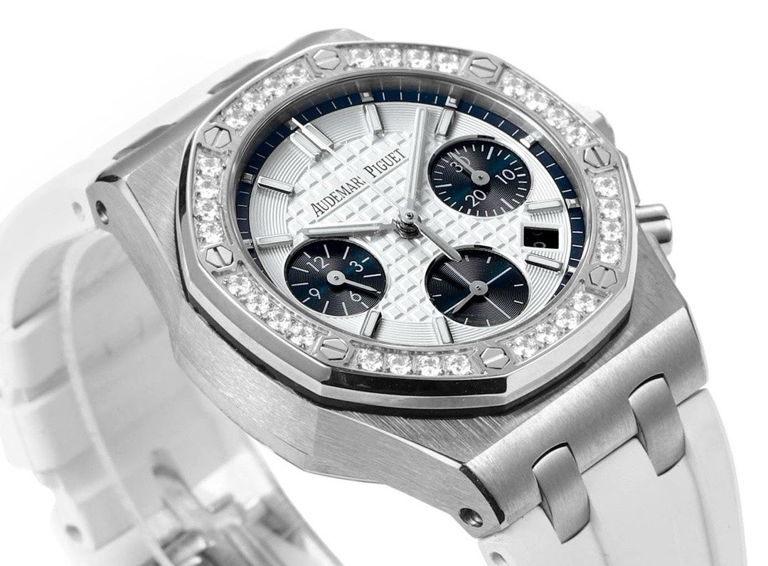 Audemars Piguet Royal Oak 37mm Ladies Automatic Chronograph Watch, Diamond Bezel Rubber Strap