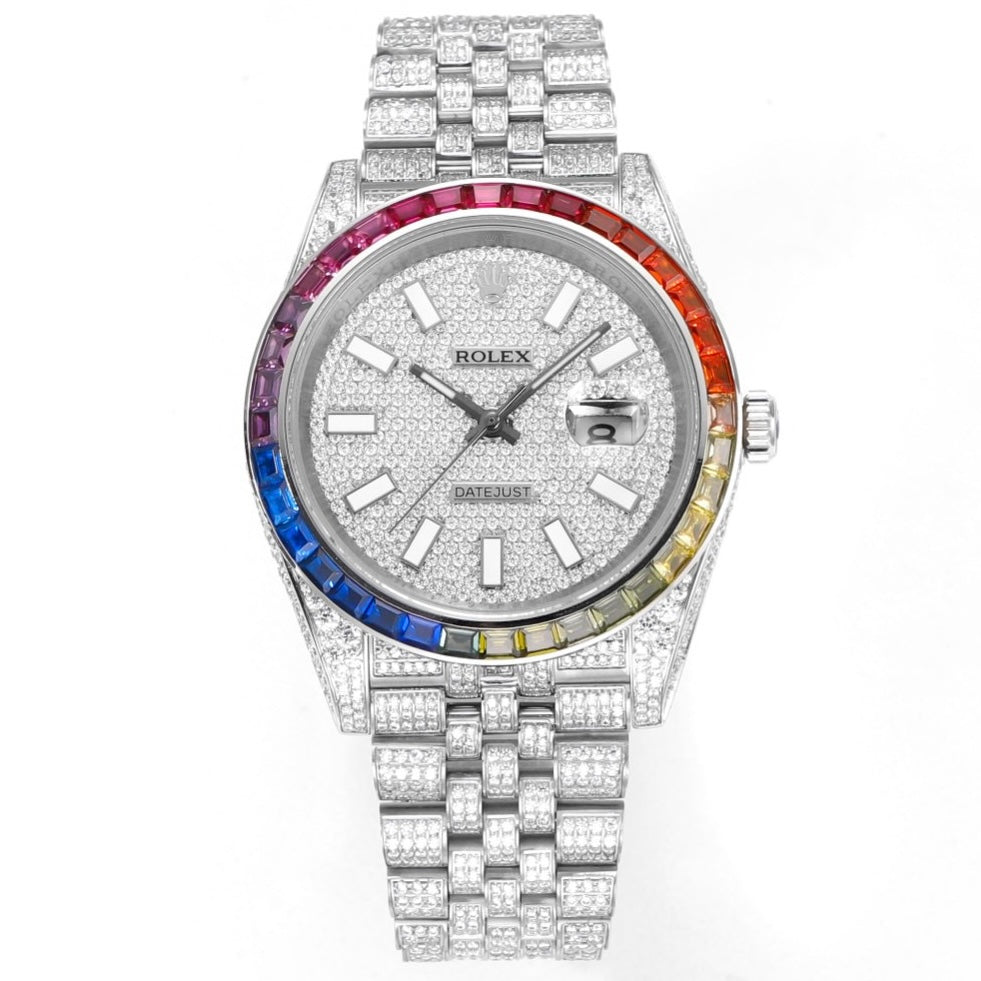 Rolex MS Factory Datejust 41mm Full‑Paved Diamond Watch 904L Steel 3235 Automatic Movement Rainbow Bezel