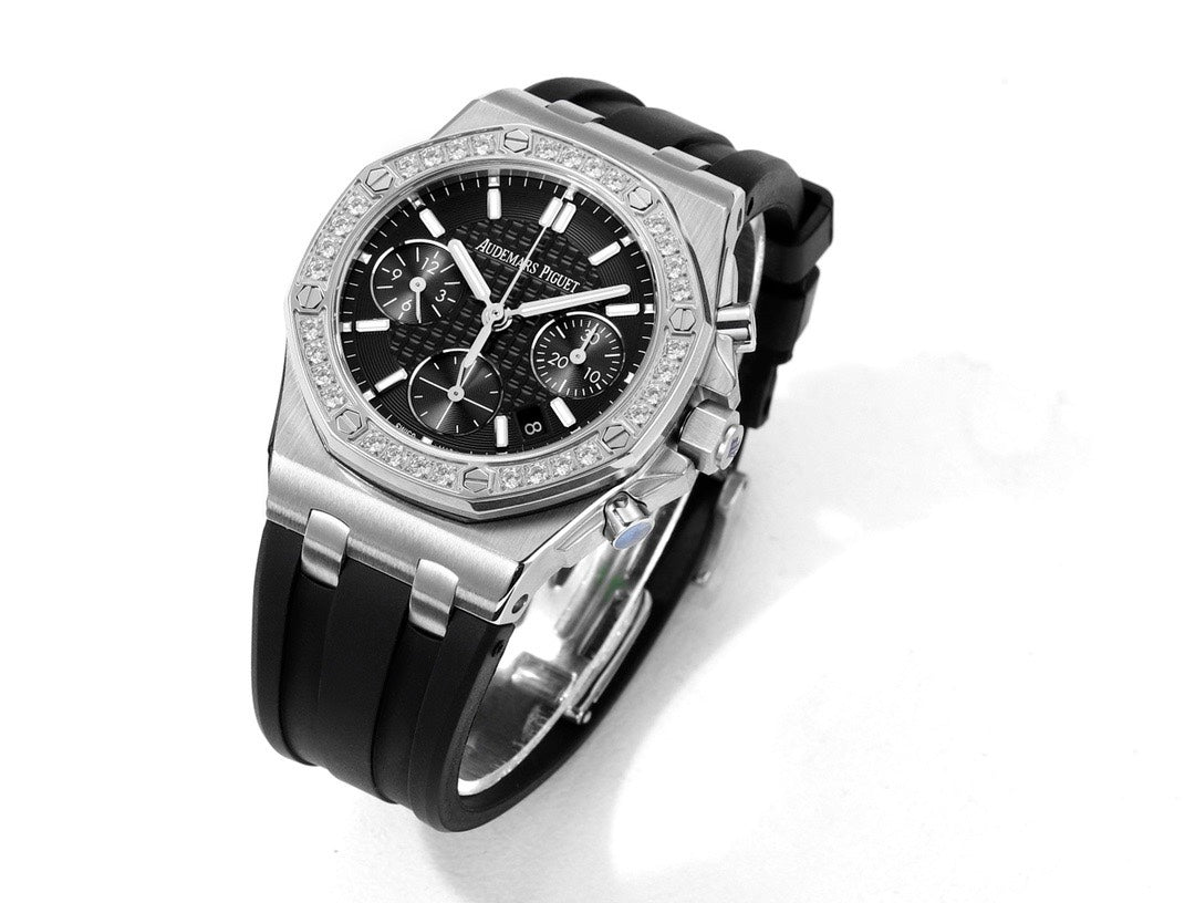 Audemars Piguet Royal Oak 37mm Ladies Automatic Chronograph Watch, Diamond Bezel Rubber Strap