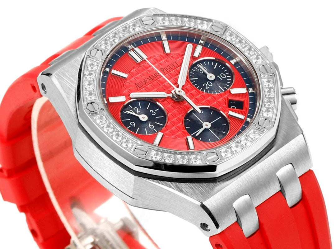 Audemars Piguet Royal Oak 37mm Ladies Automatic Chronograph Watch, Diamond Bezel Rubber Strap