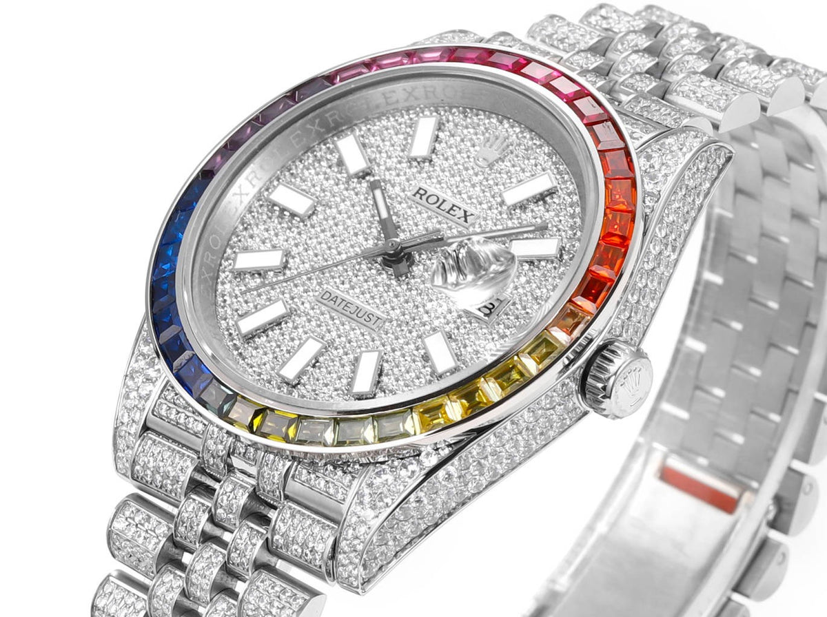 Rolex MS Factory Datejust 41mm Full‑Paved Diamond Watch 904L Steel 3235 Automatic Movement Rainbow Bezel