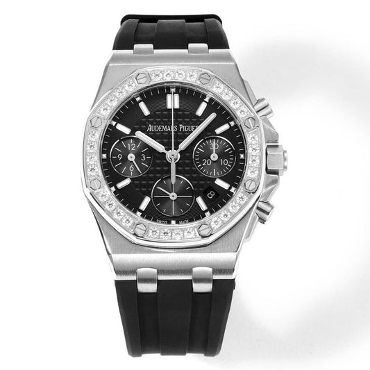 Audemars Piguet Royal Oak 37mm Ladies Automatic Chronograph Watch, Diamond Bezel Rubber Strap