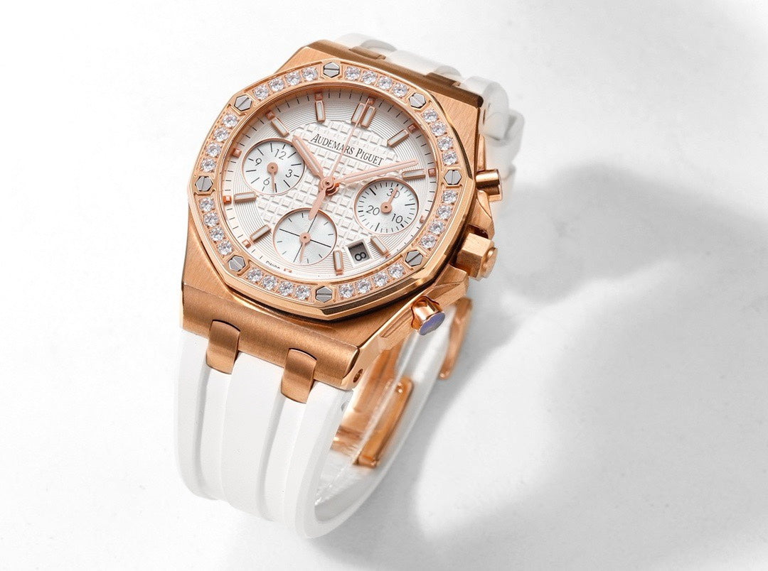 Audemars Piguet Royal Oak 37mm Ladies Automatic Chronograph Watch, Diamond Bezel Rubber Strap