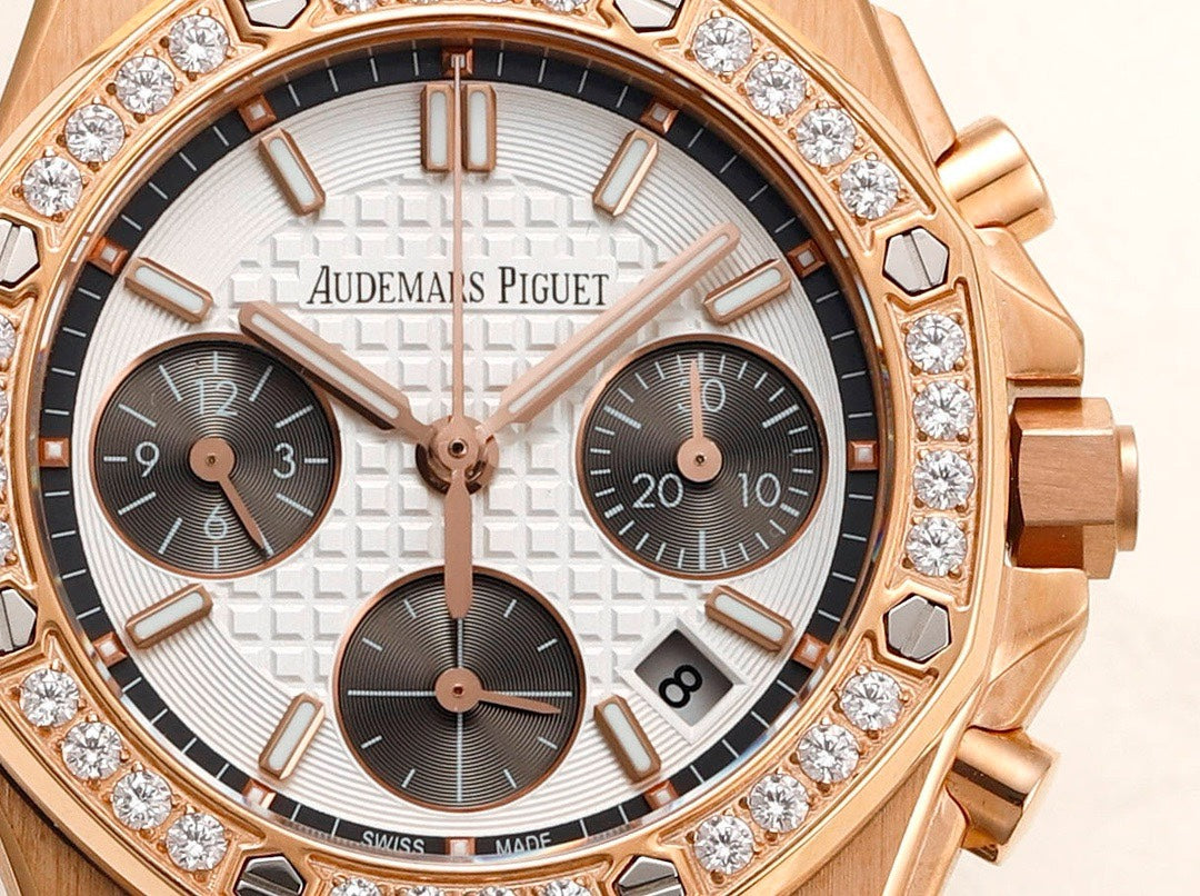 Audemars Piguet Royal Oak 37mm Ladies Automatic Chronograph Watch, Diamond Bezel Rubber Strap