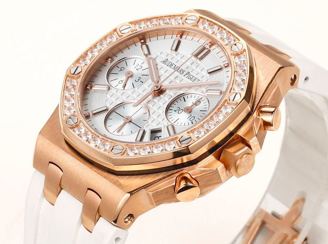 Audemars Piguet Royal Oak 37mm Ladies Automatic Chronograph Watch, Diamond Bezel Rubber Strap