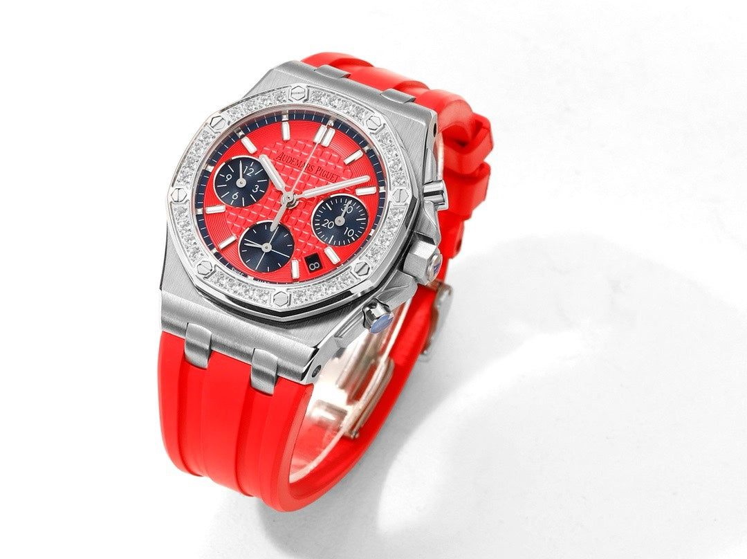 Audemars Piguet Royal Oak 37mm Ladies Automatic Chronograph Watch, Diamond Bezel Rubber Strap