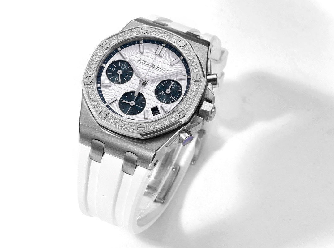 Audemars Piguet Royal Oak 37mm Ladies Automatic Chronograph Watch, Diamond Bezel Rubber Strap