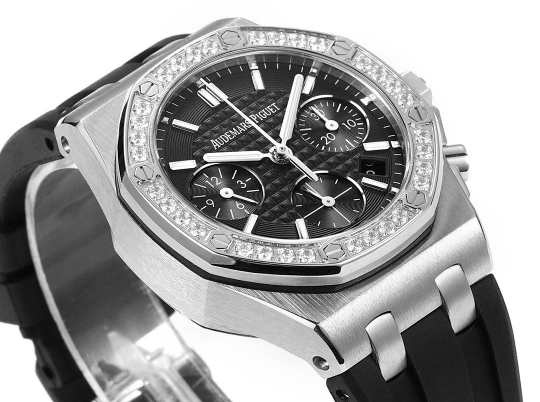 Audemars Piguet Royal Oak 37mm Ladies Automatic Chronograph Watch, Diamond Bezel Rubber Strap