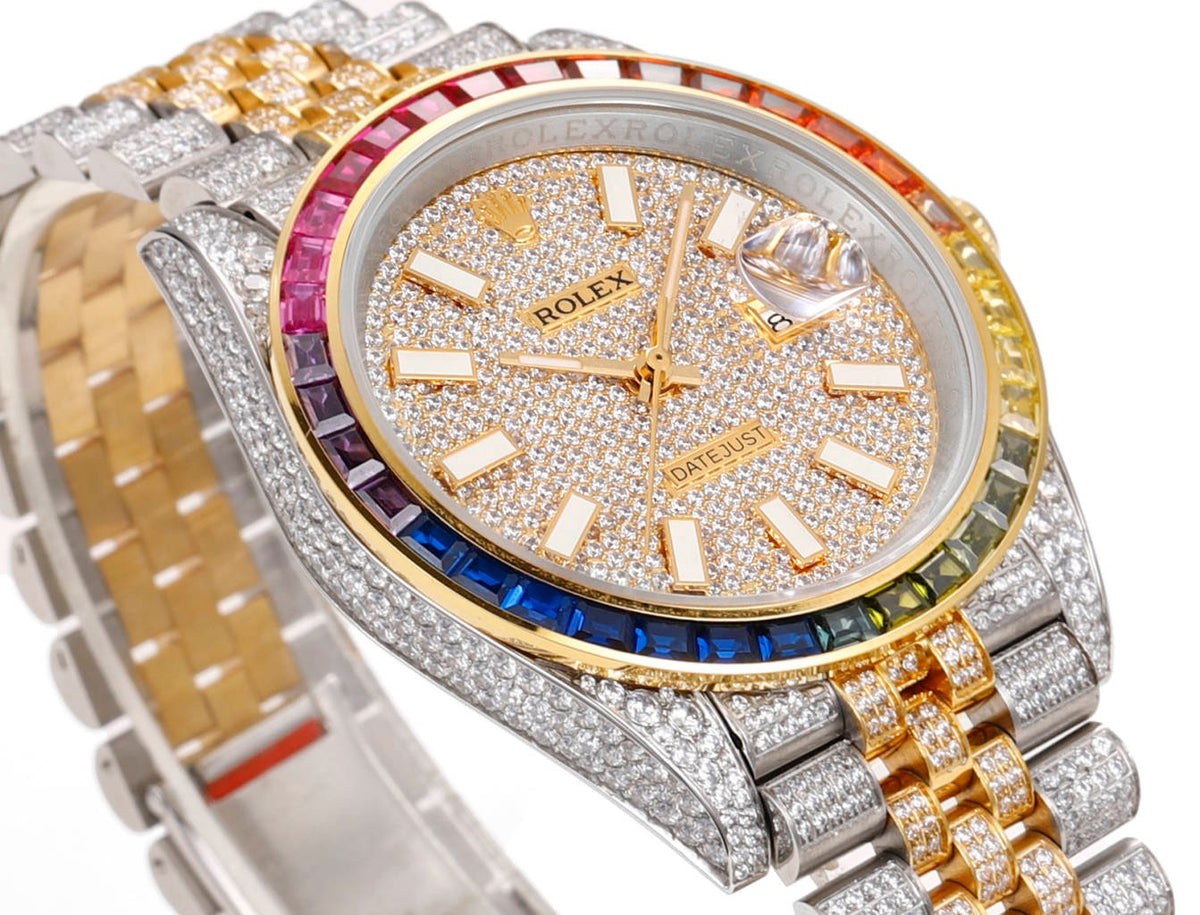 Rolex MS Factory Datejust 41mm Full‑Paved Diamond Watch 904L Steel 3235 Automatic Movement Rainbow Bezel