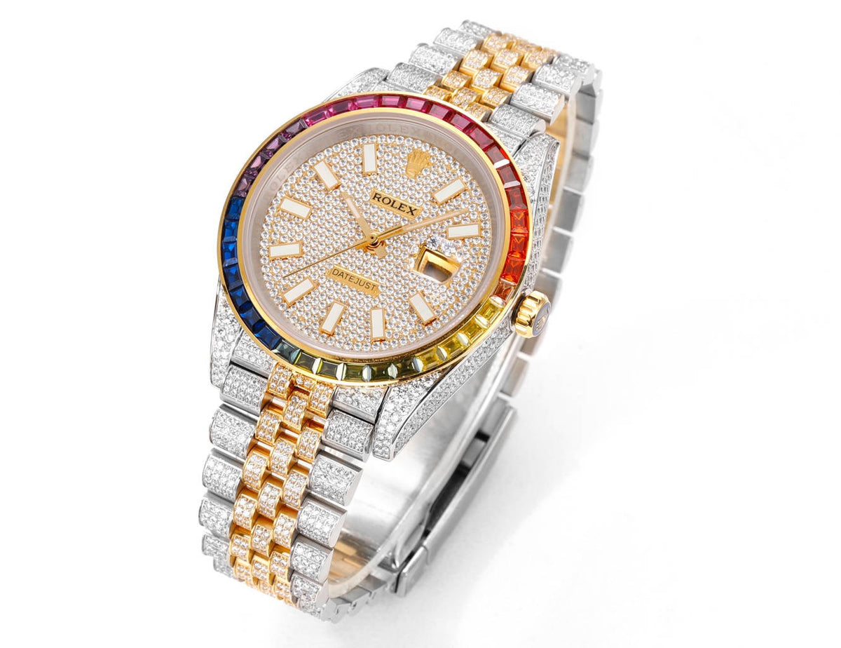 Rolex MS Factory Datejust 41mm Full‑Paved Diamond Watch 904L Steel 3235 Automatic Movement Rainbow Bezel
