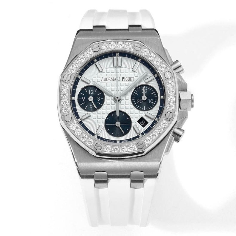 Audemars Piguet Royal Oak 37mm Ladies Automatic Chronograph Watch, Diamond Bezel Rubber Strap