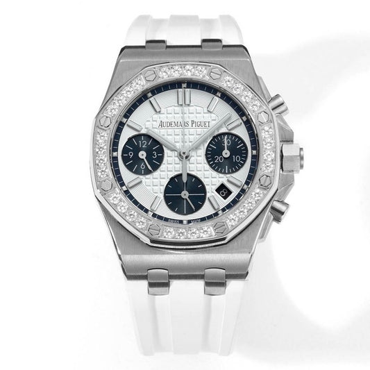 Audemars Piguet Royal Oak 37mm Ladies Automatic Chronograph Watch, Diamond Bezel Rubber Strap