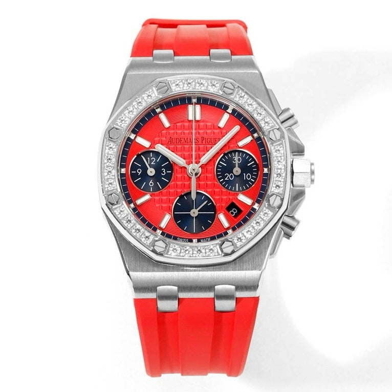 Audemars Piguet Royal Oak 37mm Ladies Automatic Chronograph Watch, Diamond Bezel Rubber Strap