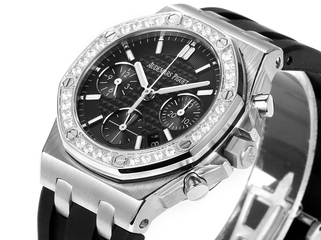 Audemars Piguet Royal Oak 37mm Ladies Automatic Chronograph Watch, Diamond Bezel Rubber Strap