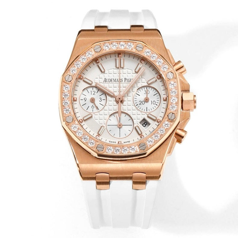 Audemars Piguet Royal Oak 37mm Ladies Automatic Chronograph Watch, Diamond Bezel Rubber Strap